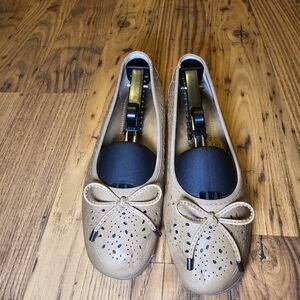 Earth Spirit Tan Perforated Ballet Flats with Bow